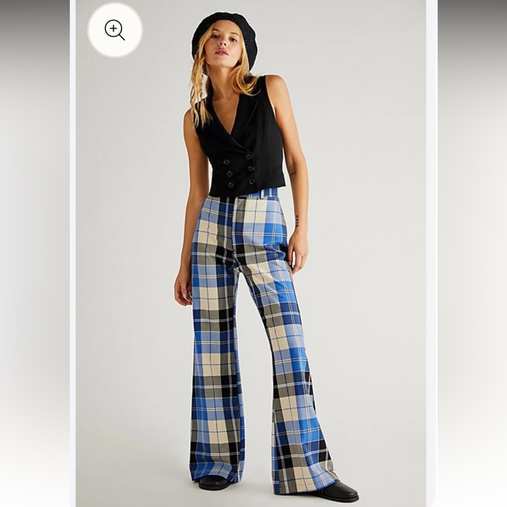 Free People Black and Blue Plaid Wide Leg Pants